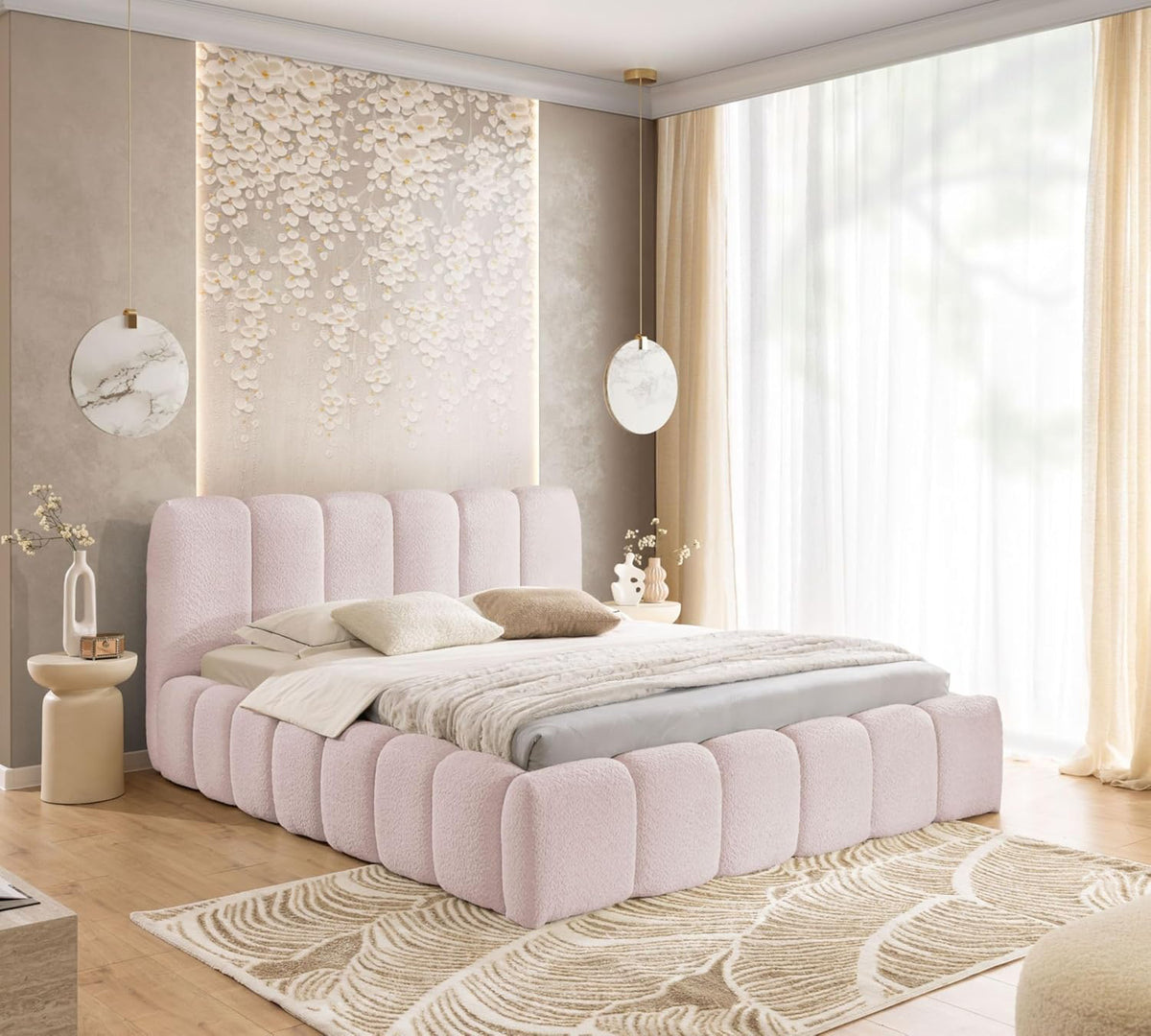 FURNISTAR MIA łóżko tapicerowane ze skrzynią na pościel, 200 x 200 cm, podwójne łóżko z miejscem do przechowywania i stelażem, wygląd łóżka kontynentalnego, bez materaca, do sypialni, beżowe