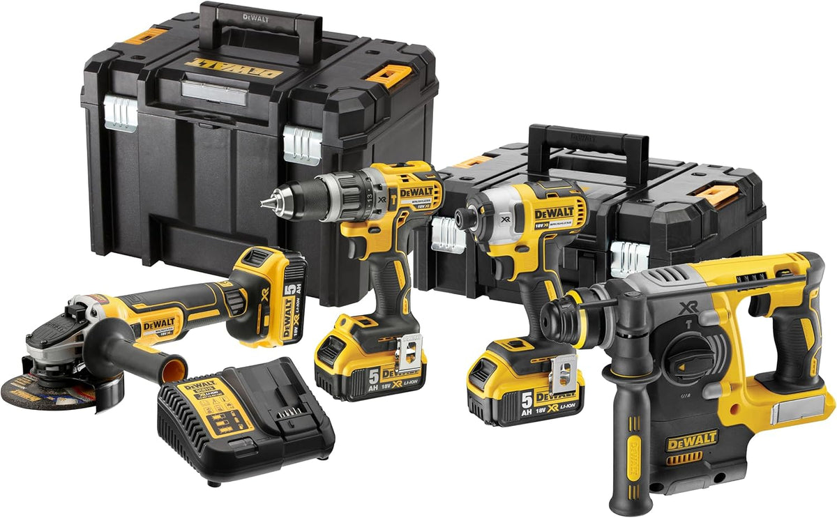 DEWALT ZESTAW 18V: Wiertarka udarowa bezszczotkowa, młotowiertarka, szlifierka kątowa i zakrętarka udarowa, 3x akumulator XR 18V, szybka ładowarka, walizka TSTAK II i TSTAK VI - DCK422P3T