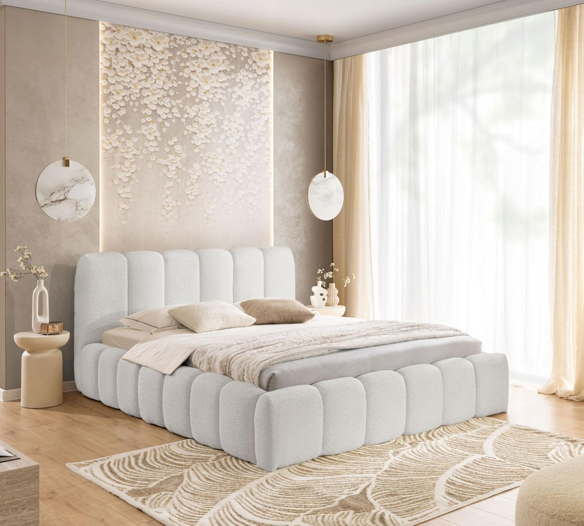 FURNISTAR MIA łóżko tapicerowane ze skrzynią na pościel, 200 x 200 cm, podwójne łóżko z miejscem do przechowywania i stelażem, wygląd łóżka kontynentalnego, bez materaca, do sypialni, beżowe