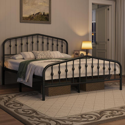 Yaheetech Rama łóżka 160 x 200 cm, metalowe łóżko w stylu vintage z zagłówkiem w kształcie korony, solidna rama łóżka podwójne łóżko wykonane z metalu, łóżko dla gości łóżko dzienne, czarne