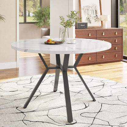 Okrągły stół do jadalni, wygląd marmuru, średnica 100 cm, czarny metalowy uchwyt w kształcie litery X, nowoczesny, MDF, wysokość 75 cm