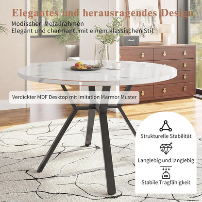 Okrągły stół do jadalni, wygląd marmuru, średnica 100 cm, czarny metalowy uchwyt w kształcie litery X, nowoczesny, MDF, wysokość 75 cm